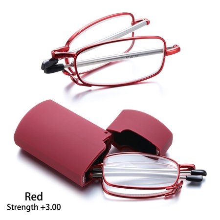 Strength+1.0-4.0 Rotation Alloy Frame Portable Includes Glasses Case Folding Reading Glasses Presbyopia Eyeglasses Telescopic Legs RED (STRENGTH 3.00)