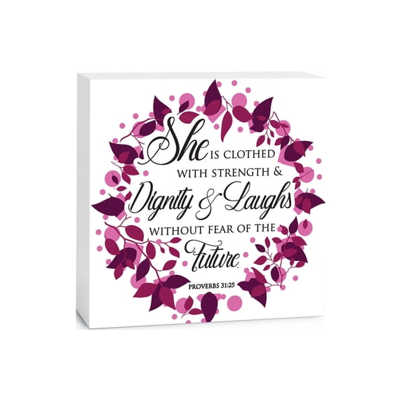 Strength Dignity Laughs Magenta Foliage 5 x 5 Wood Tabletop Sign Plaque