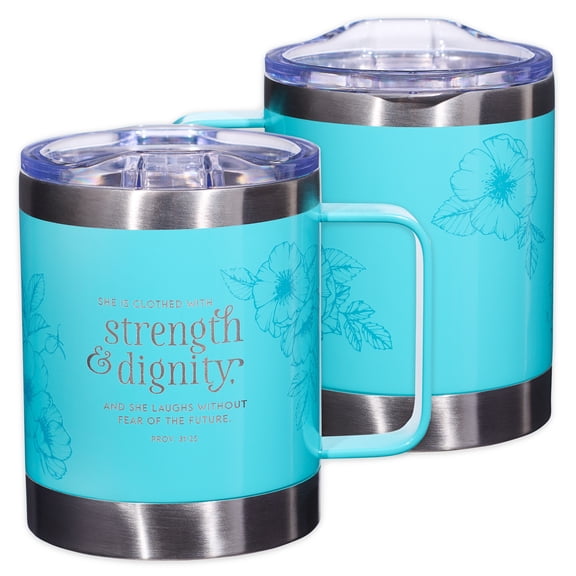 Strength and Dignity Proverbs 31 Woman Floral Stainless Steel Teal Camp Style Travel Mug for Women (11 oz Double Wall Vacuum Insulated Coffee Mug with Lid and Handle)