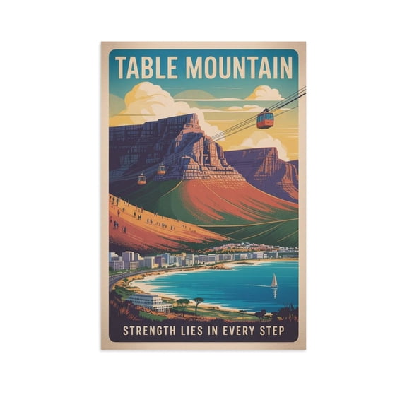Strength Lies in Every Step Table Mountain Retro Travel Poster Vintage Inspirational Wall Art Print for Creative Studio Living Room Classroom Canvas Poster