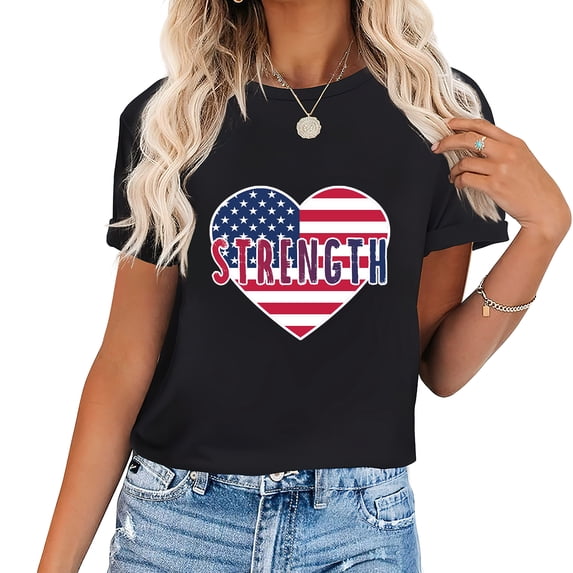 Strength US Flag Heart USA Love Women's Casual Retro T-Shirt with Graphics - Perfect Birthday or Christmas Gift Black