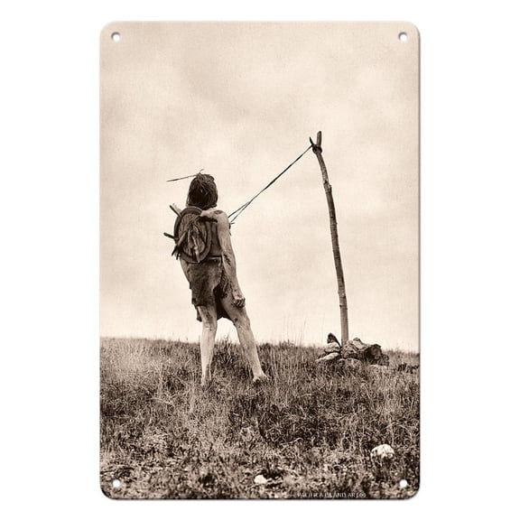 For Strength and Visions - Apsaroke North American Indian - Vintage B&W Historical Photograph by Edward S. Curtis c.1908 - 8 x 12 inch Vintage Metal Tin Sign