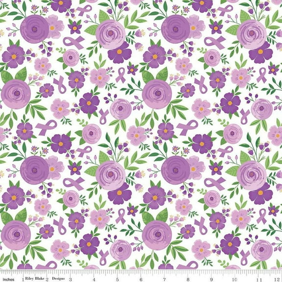 Strength in Lavender Floral White Cotton Fabric (1 yard)