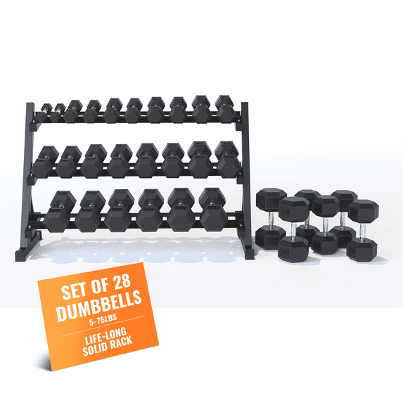 StrengthUSA Rubber Hex Dumbbell Set with Rack - 10 Pair of 5-75 lb (1200 lbs total) Rubber Coated Dumbbell Set with Rack Stand, Weight Rack with Dumbbells