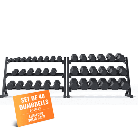 StrengthUSA Rubber Hex Dumbbell Set with Rack, 20 Pair of 5-100 lb (2100 lbs total) Weight Rack with Dumbbells, Rubber Coated Dumbbell Set with Rack Stand