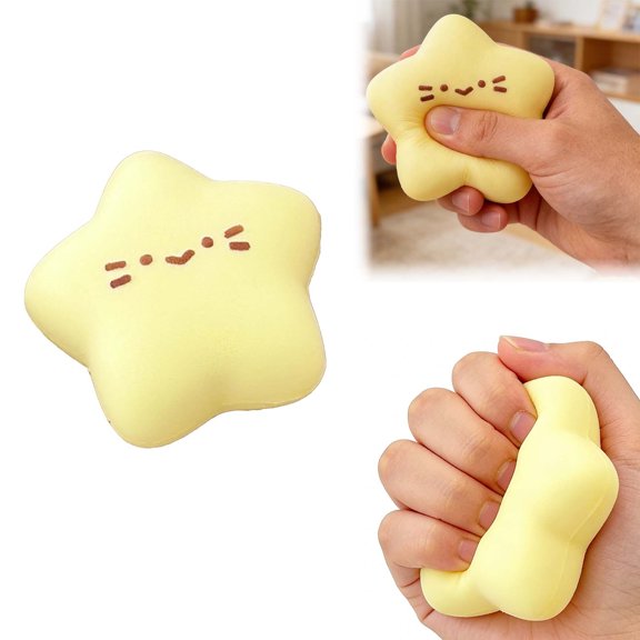 Stress Ball for Adult Yellow Star Shape Happy Face Print Soft Elastic Rubber Material Portable Pocket Stress Relief Desk Office Fidget Therapy Tool