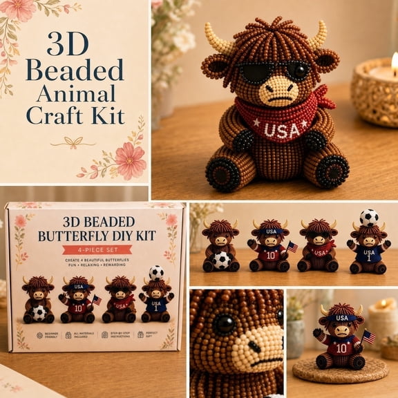 Stress Relief 3D Beaded Cow Kit - USA Themed Highland Cow DIY Craft with Step-by-Step Instructions