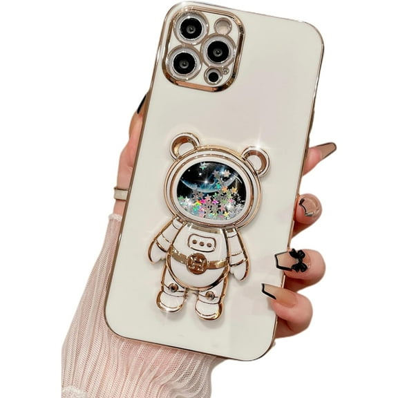 Stress Relief 3D Quicksand Astronaut Stand Bling Phone Case for Samsung Galaxy A04 S E A14 A24 A34 A54 5G 4G, Unique Bracket Soft Cover, Shining Protective Shell(White,A24 4G)