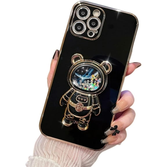 Stress Relief 3D Quicksand Astronaut Stand Bling Phone Case for Samsung Galaxy A73 A53 A33 A23 A13 5G 4G, Unique Bracket Soft Cover, Shining Protective Shell(Black,A23 4G)