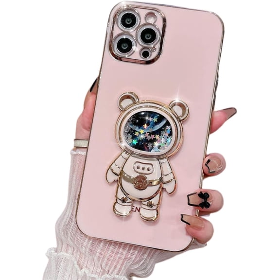 Stress Relief 3D Quicksand Astronaut Stand Bling Phone Case for Xiaomi Mi Redmi Note 9 S T Pro Max 5G 4G, Unique Bracket Soft Cover, Shining Protective Shell(Pink,Note 9T)