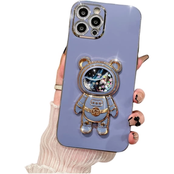 Stress Relief 3D Quicksand Astronaut Stand Bling Phone Case for iPhone Pro Max/Plus/Pro 15, Unique Bracket, Soft Sparkling Cover, Shining Protective Shell