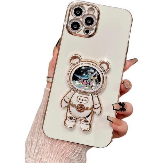 Stress Relief 3D Quicksand Astronaut Stand Bling Phone Case for iPhone Pro Max/Plus/Pro 15, Unique Bracket, Soft Sparkling Cover, Shining Protective Shell