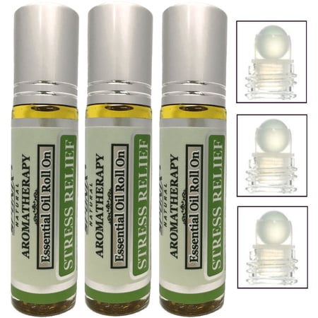 Stress Relief Body Roll on 10 mL / 0.33 Oz (Pack of 3) - Essential Oil Infused Aromatherapy Roller Oils - %100 Pure - Premium Therapeutic Grade by Sponix Made in USA (FAST SHIPPING)