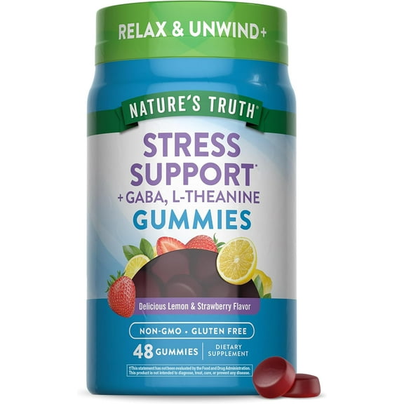 Stress Relief Gummies | with Gaba and L Theanine | 48 Lemon Strawberry Gummies | by Nature's Truth