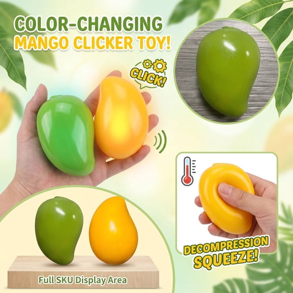 Stress Relief Mango Squishy Toy, Thermo Color Changing Clicker Squeeze Fidget Toy, Quiet Click Sound Sensory Toy for Office Desk Anxiety Reduction