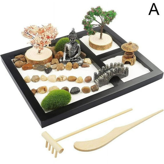 Stress Relief Mini Meditation Zen Garden Table Décor & Sand w/ Kit Rake Y0R0
