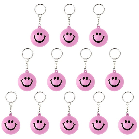 Stress Relief Smiley Face Keychain for Party Favors, School Carnival Reward, Party Bag Gift - Lot of 24 - Pink