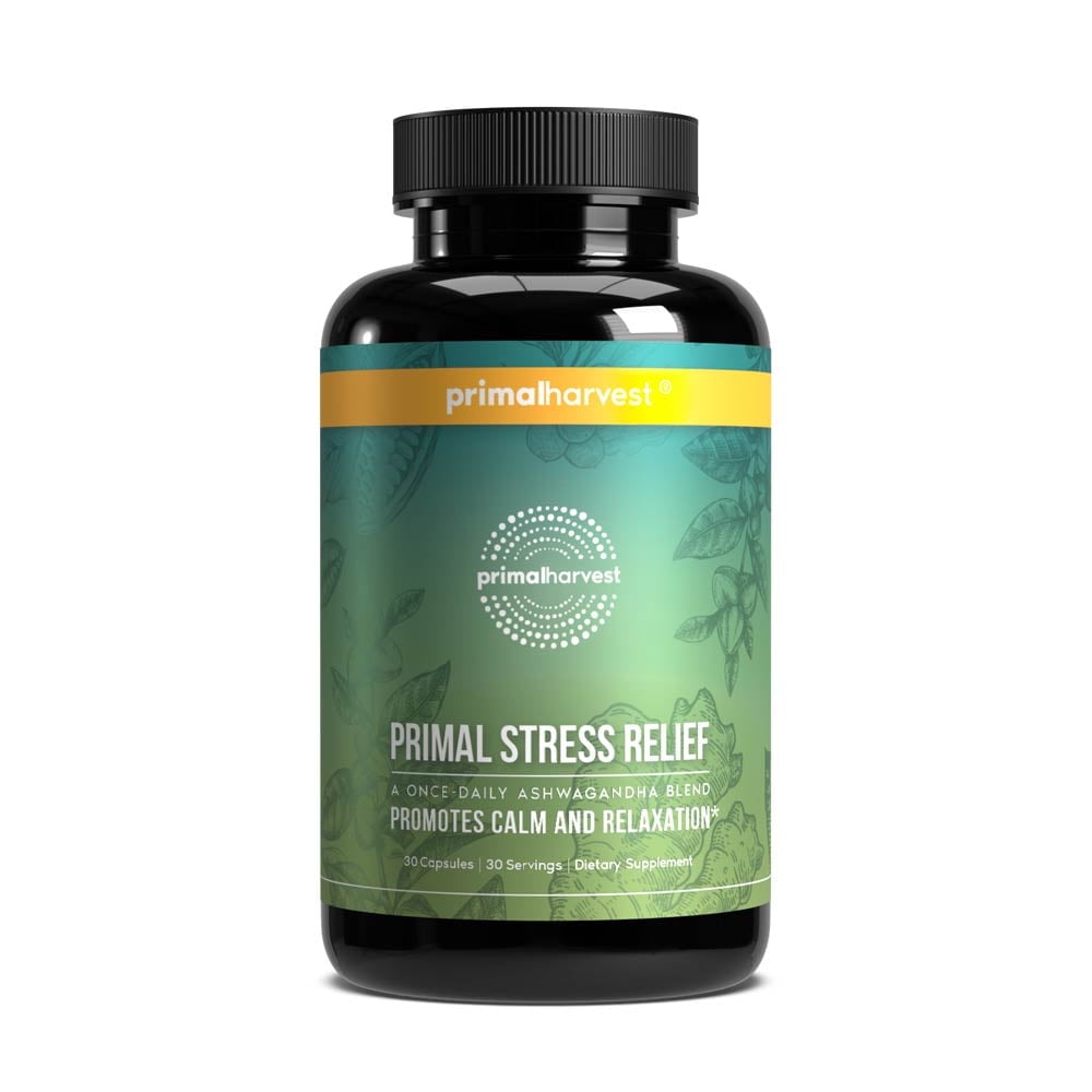 Stress Relief Supplement for Women and Men by Primal Harvest Pure Ashwagandha Root Extract, L-Theanine Supplements, 30 Capsules