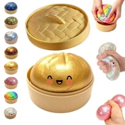 Stress Squeeze Balls, Glitter Squish Dumplings, Bun Squishies with Steamer Box, Hand-Pinching Sensory Toys, Stretchy Desk Toys Crazy Gifts for Fun