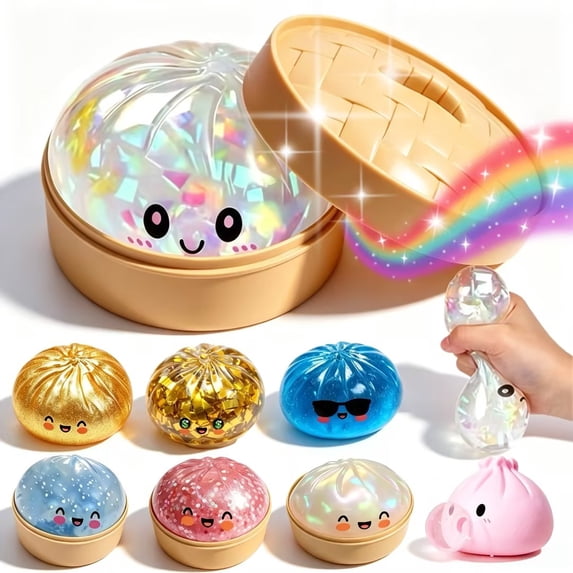 Stress Squeeze Balls, Glitter Squish Dumplings, Bun Squishies with Steamer Box