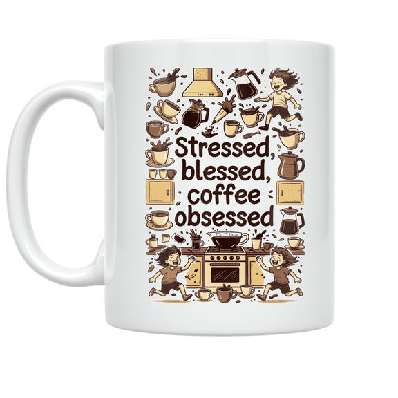 Stressed Blessed Coffee Obsessed - Busy Parent Humor - 11 oz Ceramic Coffee Mug