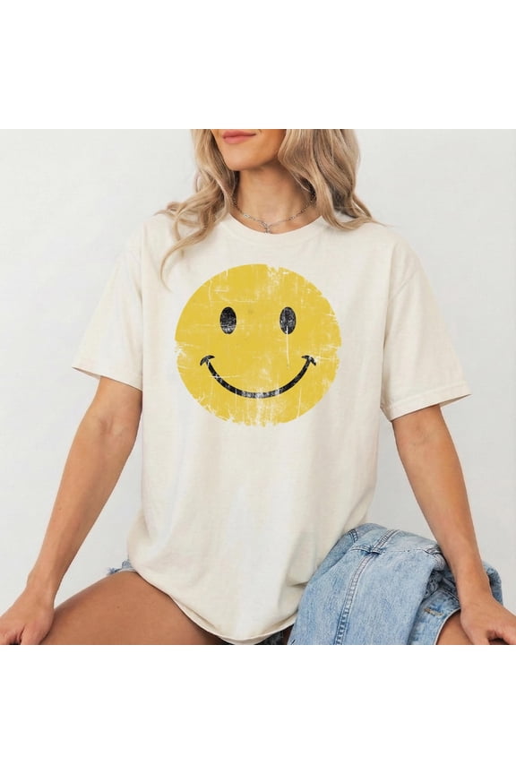Stressed Look Smiley Face Graphic Tee, Retro Distressed Smile Design Comfort Colors Unisex Cotton T-Shirt, Size S-3XL