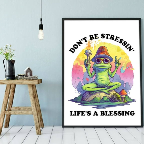 Don't Be Stressin' Life's a Blessing Frog Hippie Wall Art, Retro Mushroom Illustration Art,Hippie Frog Print Hippie Style Decor,Dining Room Decor, Bedroom Art, Art Deco, Frameless 8x10inch