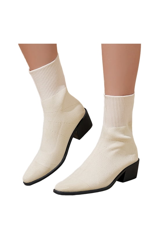 Stretch Ankle Boots for Women Pointed Toe Stacked Heel Knit Sock Booties Casual Dressu Fall Chelsea Boots