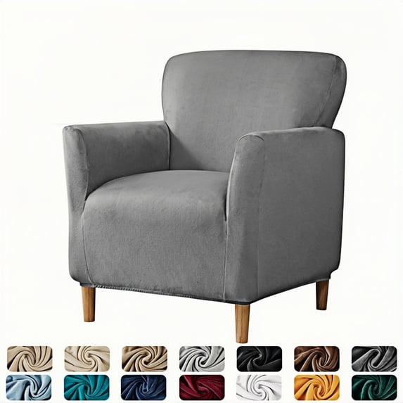 Stretch Armchair Slipcover Anti-Slip Furniture Protector Velvet 1-Piece Banquet Armchair Slipcover for Living Room, Friendly for Pets, Mid Century Modern Style (Dark Gray)