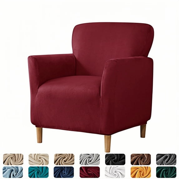 Stretch Armchair Slipcover Anti-Slip Furniture Protector Velvet 1-Piece Banquet Armchair Slipcover for Living Room, Friendly for Pets, Mid Century Modern Style (Burgandy)
