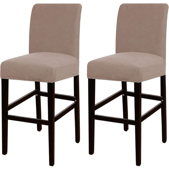 Stretch Bar Stool Cover Set of 2, Khaki Jacquard Stretch Fabric with Elastic Bottom, Fits Seats 15.519" W x L, Modern Checkered Pattern