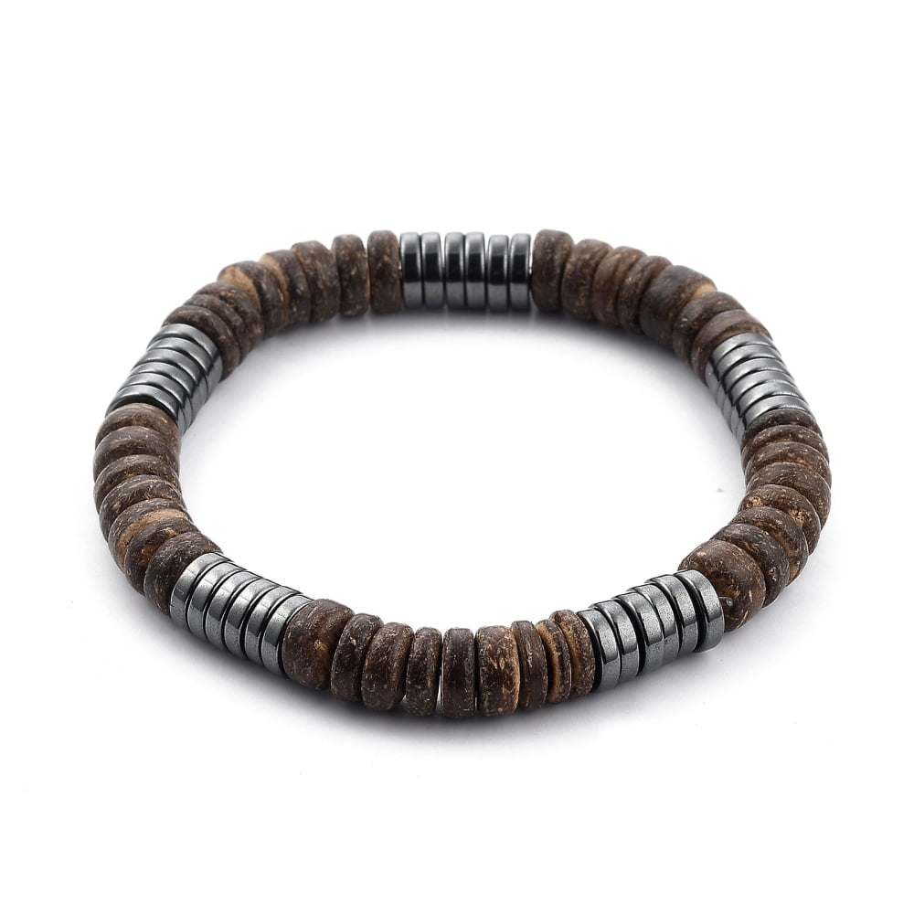 Stretch Beaded Bracelet with Natural Coconut Shell Beads and Non-magnetic Hematite Beads Heishi Beads Flat RoundInner Diameter: 2-1/4 inch(5.8cm)