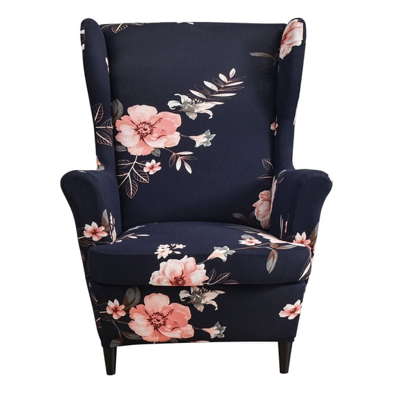 Stretch Blue Floral Wingback Chair Cover for Armchair Sofa