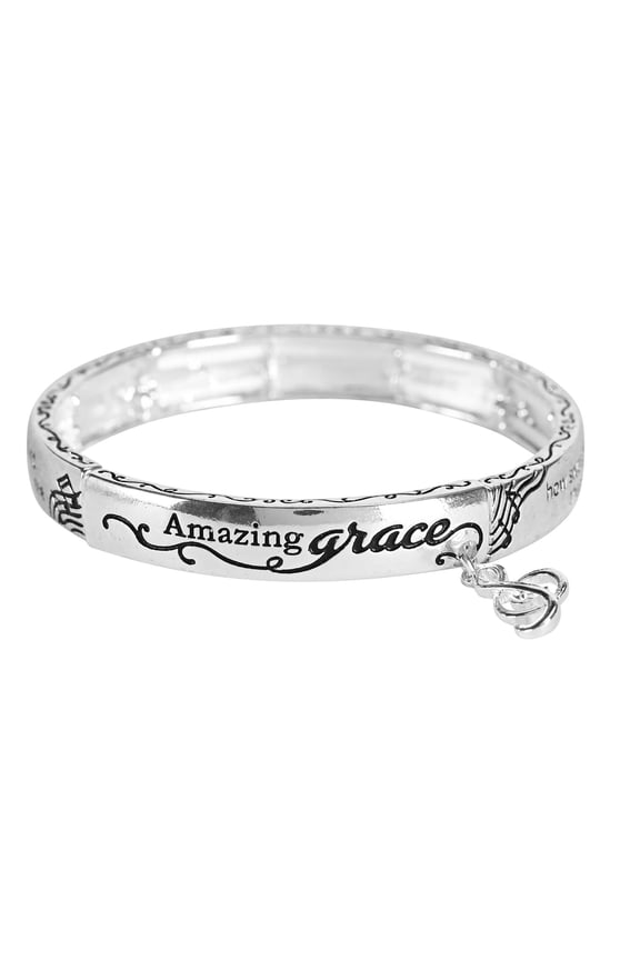 Amazing Grace Engraved Music Note Charm Women's One Size Silver Plated Stainless Steel Four-Tile Stretch Bracelet