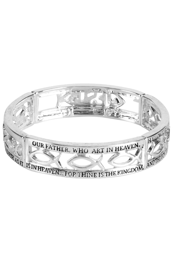 30-4963T Engraved Lord's Prayer Open Tile One Size Silver Plated Metal Women's Charm Stretch Bracelet