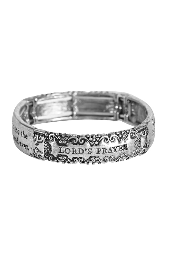 The Lord's Prayer Engraved Verse Women's One Size Silver Plated Stainless Steel Four-Tile Stretch Bracelet