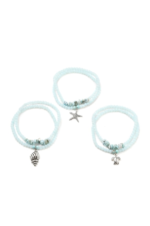 Stretch Bracelets sets Stackable Bracelets with Mixed Shapes Alloy Pendants Rondelle Glass Beads Natural Larimar & Turquoise(Dyed) Beads Silver Light Cyan