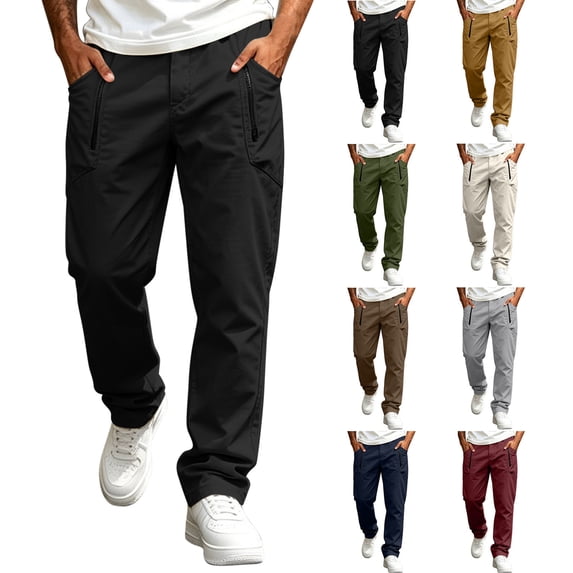 Stretch Cargo Pant for Men Solid Elastic Waist Straight Leg Work Pants With Zipper Pockets Outfit Travel