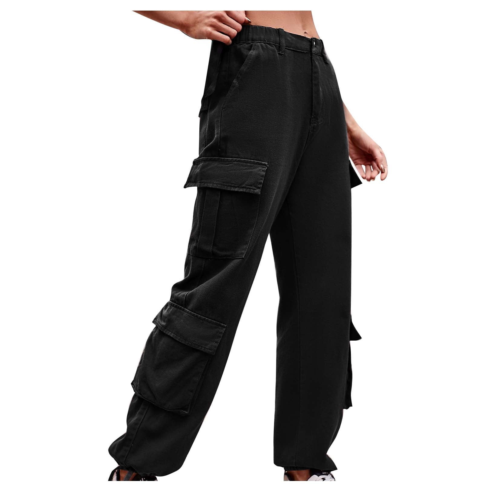 Stretch Cargo Pants for Women Solid Elastic Waist Denim Work Pants Multi  Pockets Comfy Streetwear Jogger Pants Loose Pants(L,Black)