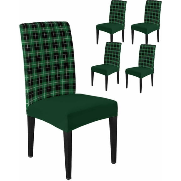 Stretch Chair Covers Set of 4, Merry Christmas Green Buffalo Plaid Universal Fit Elastic Decorative Dining Chairs Slipcovers for Wedding, Banquet, St. Parker''s Day Black Checker