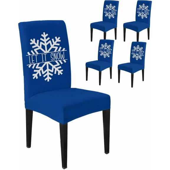 Stretch Chair Covers Set of 4, Winter Christmas White Snowflake Universal Fit Elastic Decorative Dining Chairs Slipcovers for Wedding, Banquet, Snow Quote on Blue