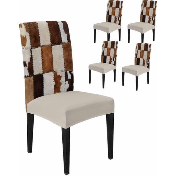 Stretch Chair Covers Set of 6, Cow Print Western Universal Fit Elastic Decorative Dining Chairs Slipcovers for Wedding, Banquet, Vintage Brown Animals