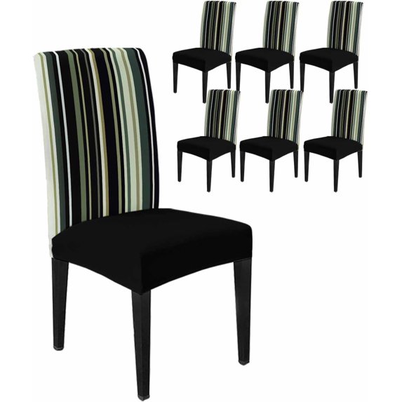 Stretch Chair Covers Set of 6, Rural Farmhouse Black Stripe Universal Fit Elastic Decorative Dining Chairs Slipcovers for Wedding, Banquet, Abstract Retro Line