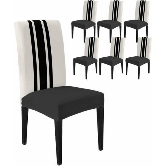 Stretch Chair Covers Set of 6, Rural Farmhouse Black Stripe Universal Fit Elastic Decorative Dining Chairs Slipcovers for Wedding, Banquet, Abstract Retro Line