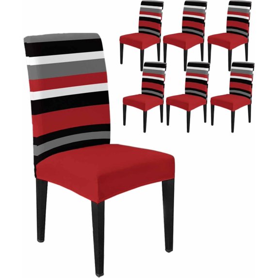 Stretch Chair Covers Set of 6, Rural Farmhouse Black Stripe Universal Fit Elastic Decorative Dining Chairs Slipcovers for Wedding, Banquet, Abstract Retro Line