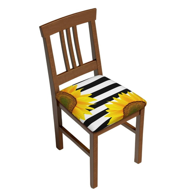 Stretch Chair Seat Covers Sunflowers On Black White Striped Removable