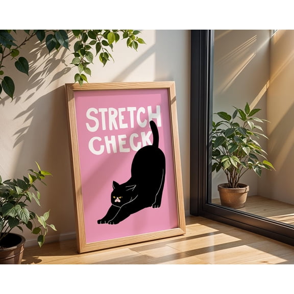 Stretch Check Black Cat Print, Funny Pink Wall Art