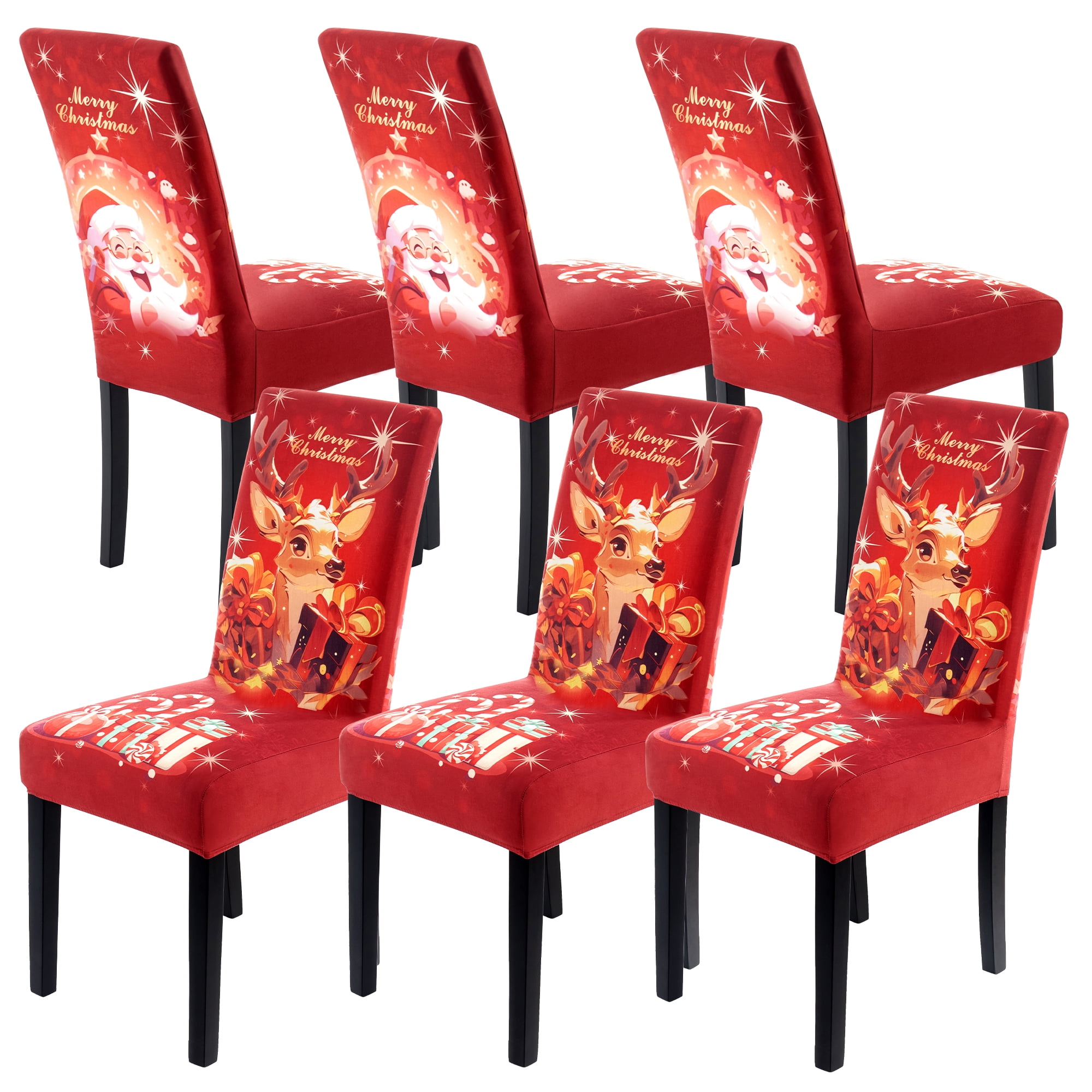 Stretch Christmas Chair Covers Set of 6, Elastic Dining Chair Slipcover, Elk & Santa, Home