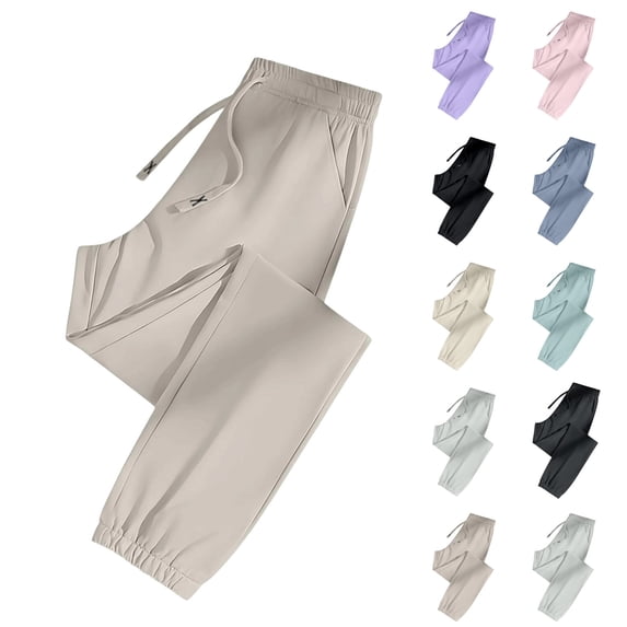 Stretch Cuffed Joggers for Women – Quick Drying Drawstring Active Pants with Pockets, Khaki M