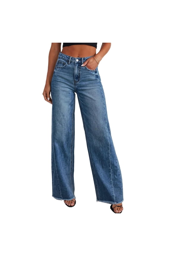 Stretch Denim Wide Leg Jeans for Women, High Rise Distressed Mini Ripped Raw Edge Ankle Trousers Blue M